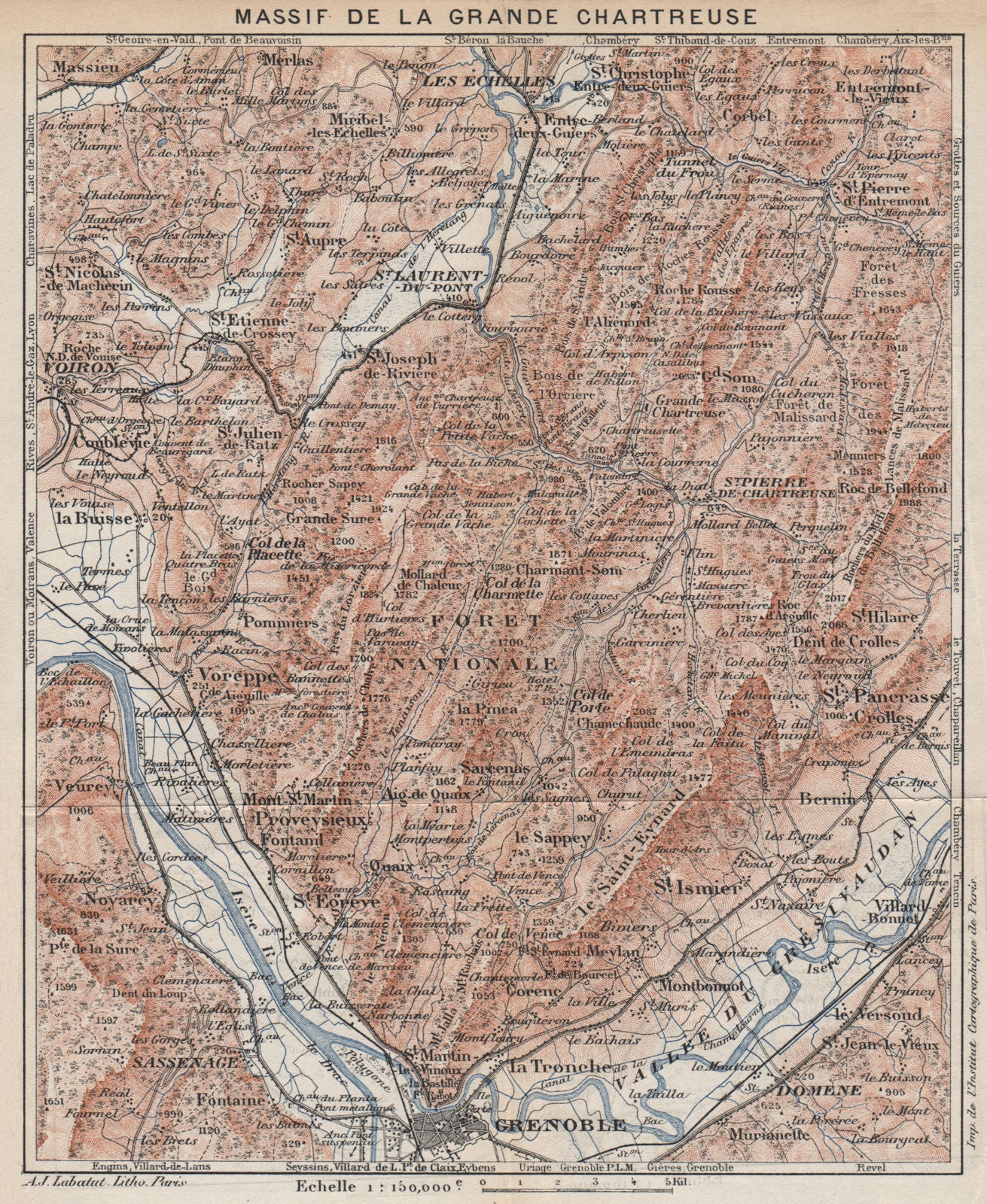 MASSIF DE LA GRANDE CHARTREUSE. Vintage map. Grenoble. Les Echelles. Isère 1923